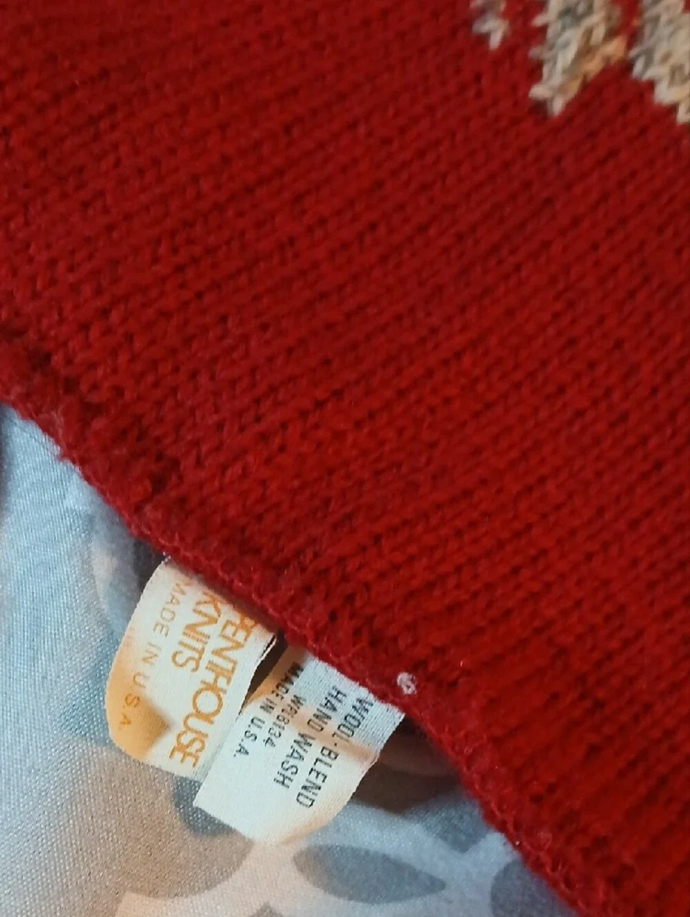 1970s-80s Penthouse Knits Wool Blend Scarf with Red Snowflake Accents